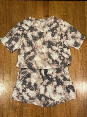 Wonderly Blush & Charcoal Ribbed Loungewear Short Set Size Large